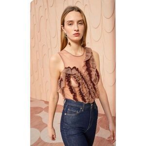 ULLA JOHNSON BROWN SLEEVELESS SHEER RUFFLE WINNIFRED TOP in UMBER NWT Size Small